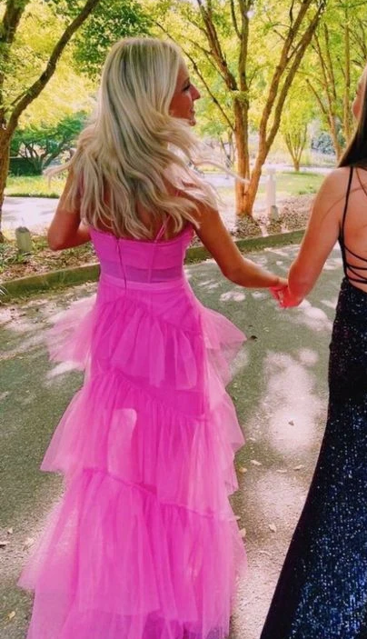 Vestidos de graduación de tul en capas con tirantes finos, vestidos formales largos