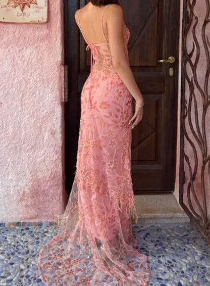 Vestido de fiesta vintage de encaje rosa con tirantes finos, largo, de noche, TP4583