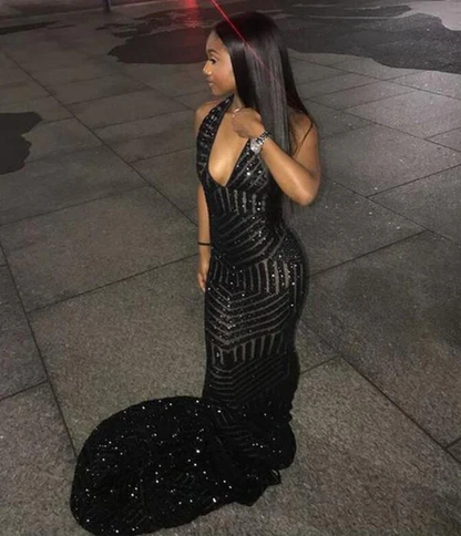 Vestido formal de sirena con lentejuelas negras para niña, vestidos de fiesta brillantes