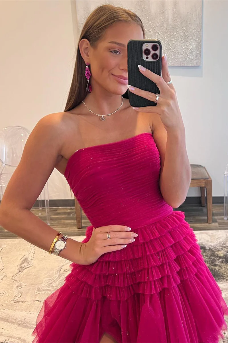 A-Line Strapless Tulle Long Prom Dress with Tiered Ruffles gh2676