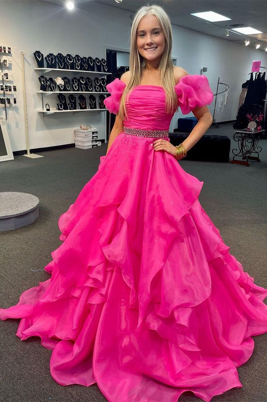 Off the Shoulder Red Balloon Sleeves Ruffle Layered Prom Dress gh2777