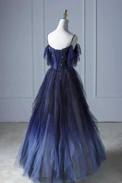 Blue beautiful gradient shiny beads spaghetti strap tulle long ball gown evening dress gh2580