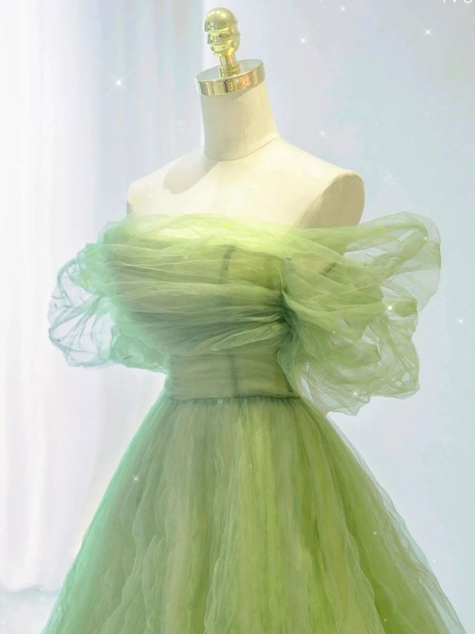 Green A line tulle long prom dress, green tulle formal evening dress gh2732