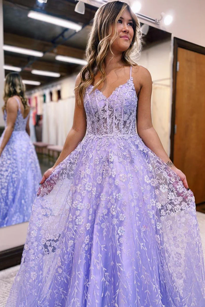 A Line Spaghetti Straps Lilac Corset Prom Dress with Appliques gh2675