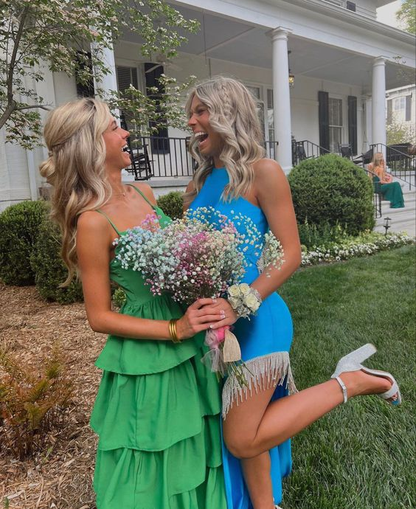 Green Spaghetti Straps Layered Long Prom Dress gh2860