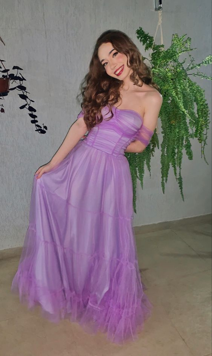 Elegant Purple Tulle A-Line Off Shoulder Long Prom Dress gh2833