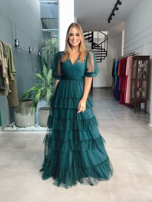 Green Tulle Short Sleeves A Line Prom Dress gh2823