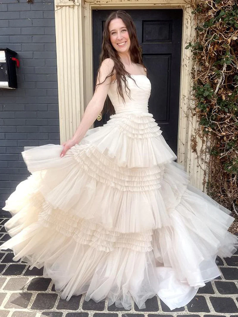 A-Line Strapless Tulle Long Prom Dress with Tiered Ruffles gh2676