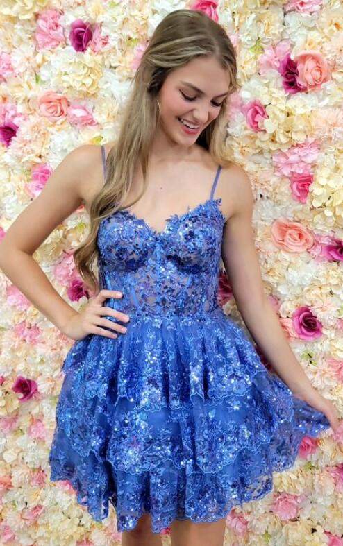 Cute Navy Blue Sequin Design A-line with Bodice Spaghetti Strap Homecoming Dress TP3402