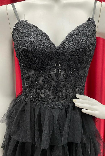Straps Black Prom Dress with Sheer Corset Bodice, Tiered Formal Gown GP613