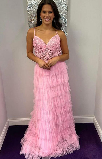 Straps Black Prom Dress with Sheer Corset Bodice, Tiered Formal Gown GP613