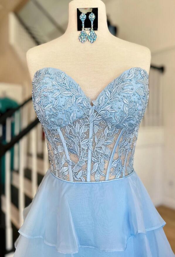 Princess Chiffon Long Prom Dresses with Lace Bodice and Ruffle Skirt GP524