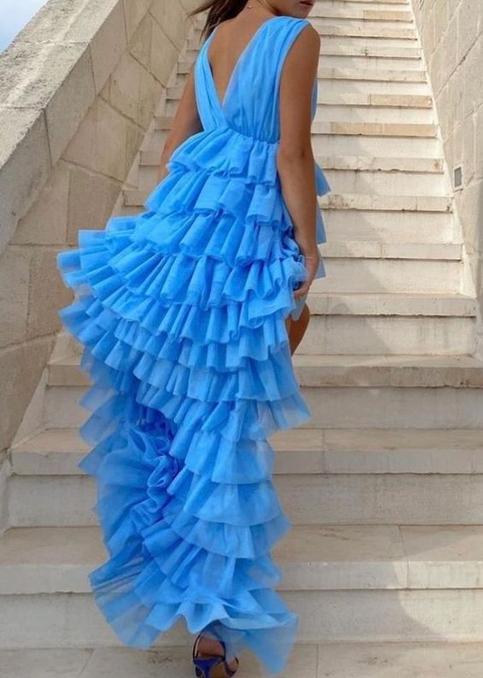 Blue V neck layered prom dress formal evening dress gh2816