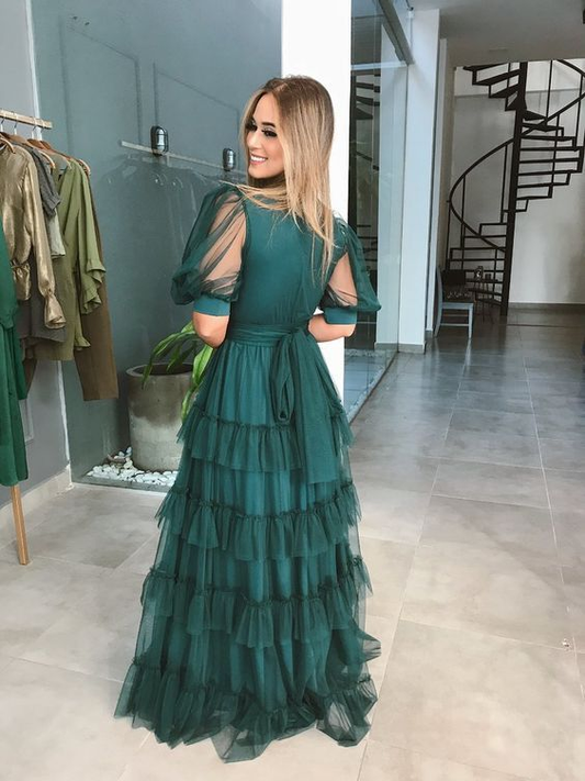 Green Tulle Short Sleeves A Line Prom Dress gh2823
