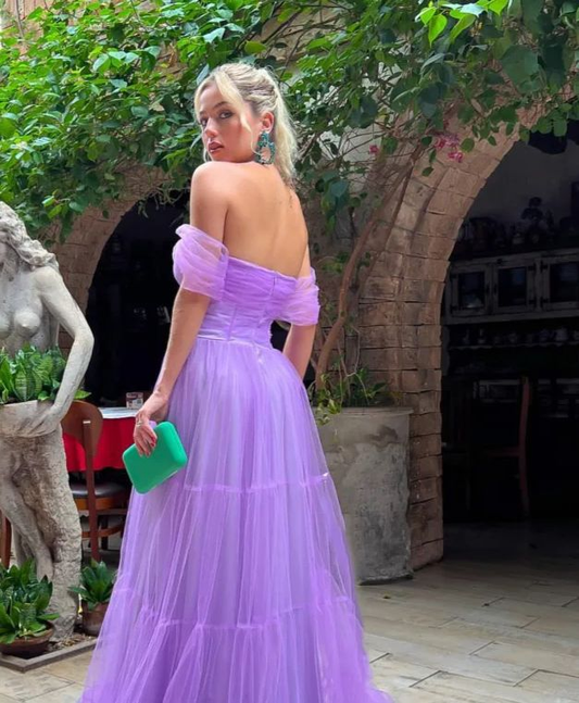 Elegant Purple Tulle A-Line Off Shoulder Long Prom Dress gh2833