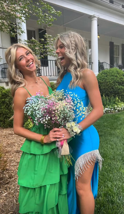 Green Spaghetti Straps Layered Long Prom Dress gh2860