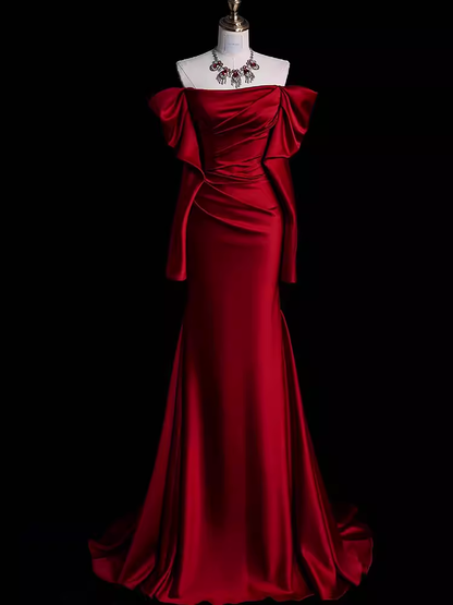 Vestidos de fiesta elegantes de satén burdeos largos con hombros descubiertos y corte sirena