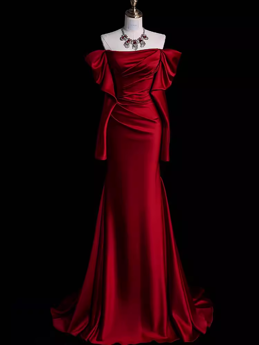 Vestidos de fiesta elegantes de satén burdeos largos con hombros descubiertos y corte sirena