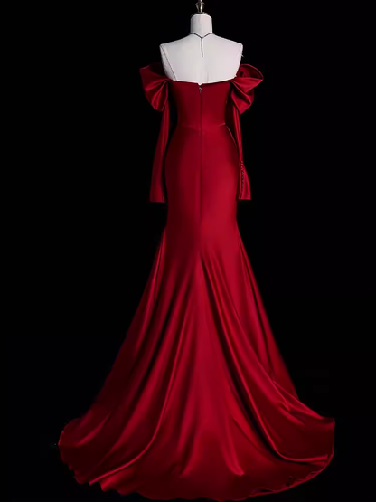 Vestidos de fiesta elegantes de satén burdeos largos con hombros descubiertos y corte sirena