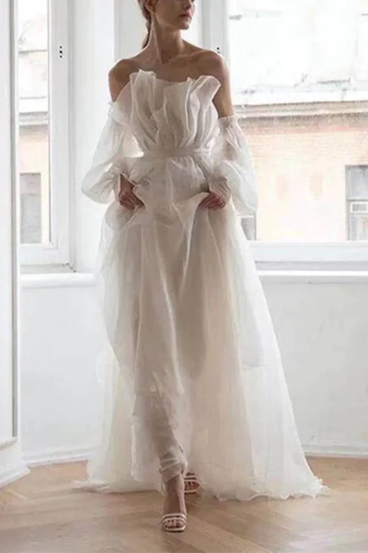 shopuniqlos-White tulle fairy long floor-length wedding dress prom dress gh5391