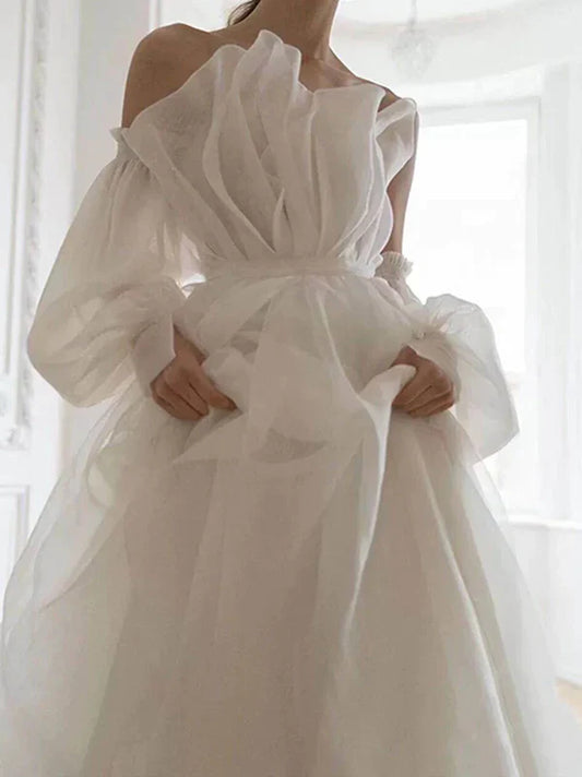 shopuniqlos-White tulle fairy long floor-length wedding dress prom dress gh5391