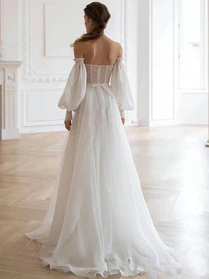 shopuniqlos-White tulle fairy long floor-length wedding dress prom dress gh5391