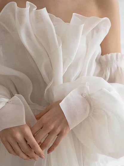 shopuniqlos-White tulle fairy long floor-length wedding dress prom dress gh5391