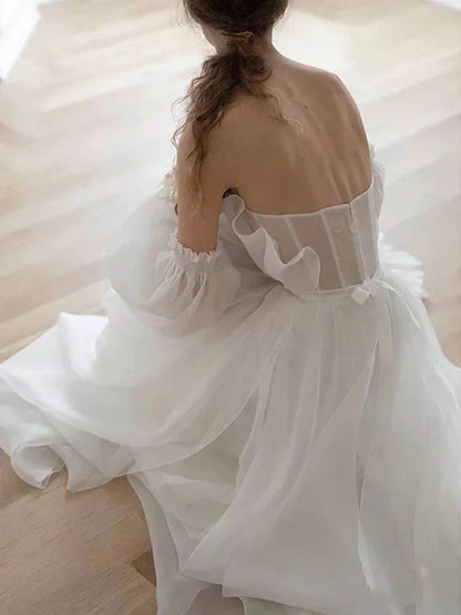 shopuniqlos-White tulle fairy long floor-length wedding dress prom dress gh5391