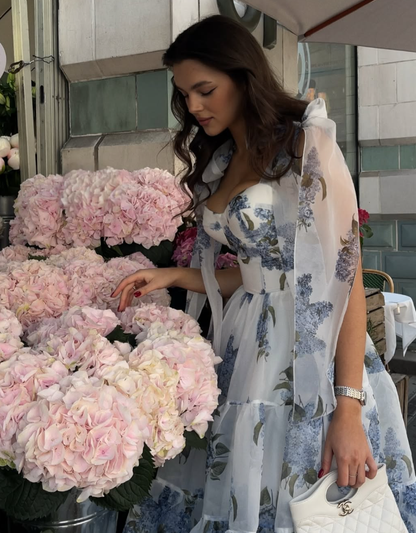 Blue Print Floral A Line Spaghetti Strap Tea Length Chiffon Homecoming Dress Cocktail Dress Outfits SH3564