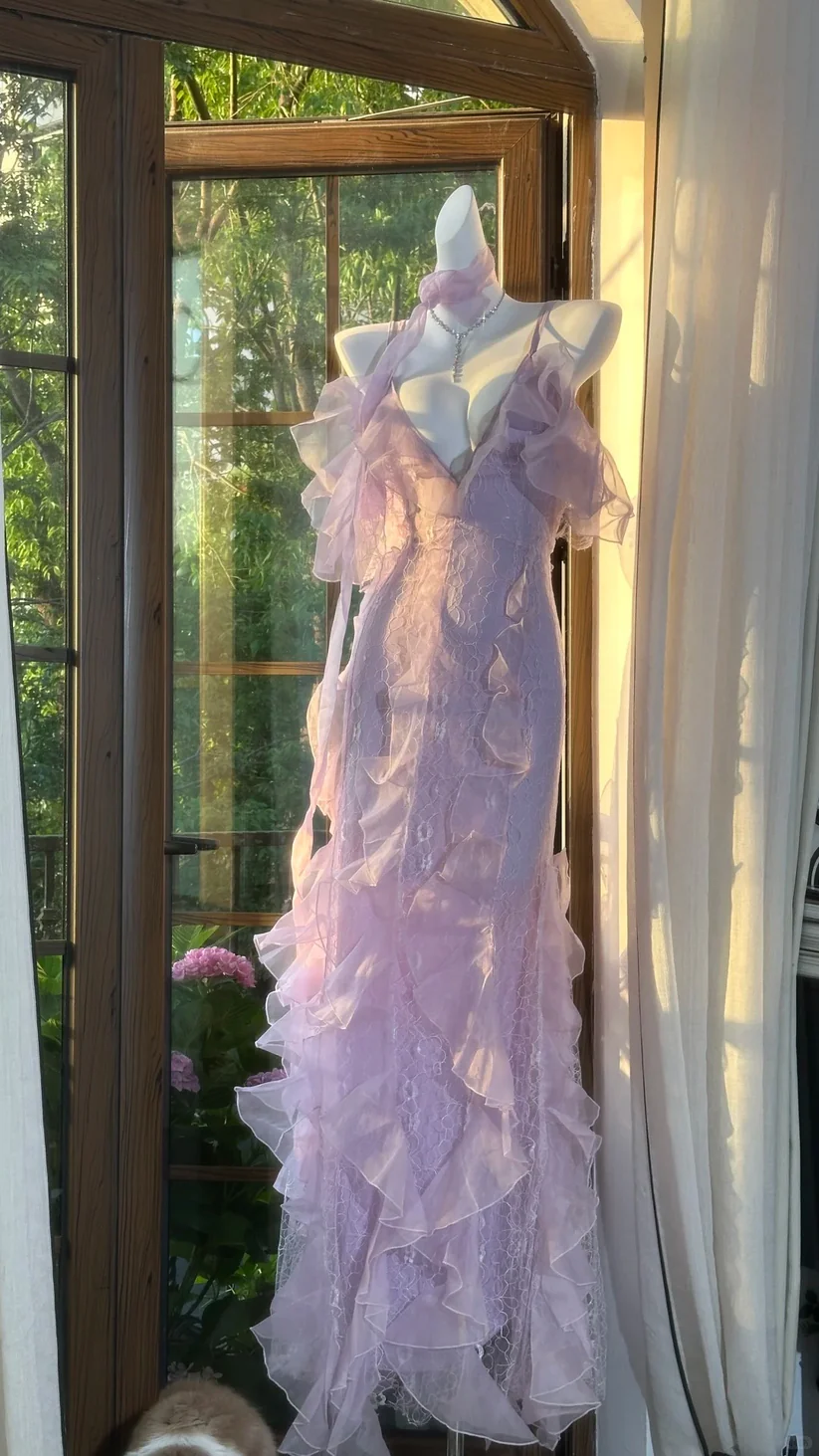 Lilac Romantic Lace Elegant Long Chiffon Ball Gown Party Dress Date Dress SH3431