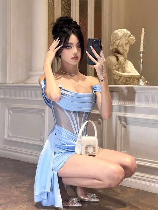 Sexy Sheath Off the Shoulder Corset Blue Satin Homecoming Dress Cocktail Dress SH3185