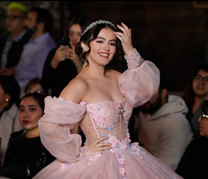 Romantic Poofy Pink Floral Wedding Dresses Off the Shoulder Ball Gown Quinceanera Dress SH2510