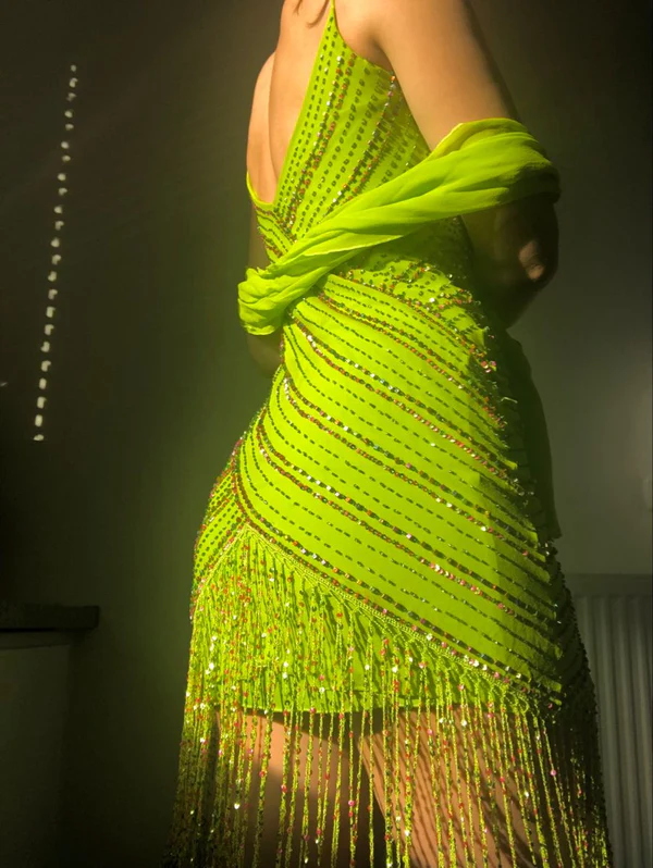 Unique Spaghetti Straps Chiffon Beaded 8th Grade Homecoming Dress Lemon Green Sheath Short Prom Dress S921