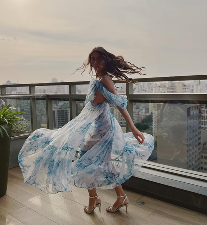 2025 New A Line Off the Shoulder Print Floral Chiffon Prom Dress Evening Dress SH2308