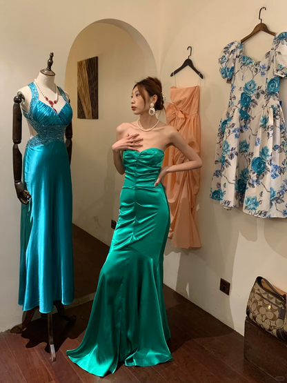 Vintage Mermaid Sweetheart Neck Pleated Green Satin Long Party Dress Cocktail Dress SH2946