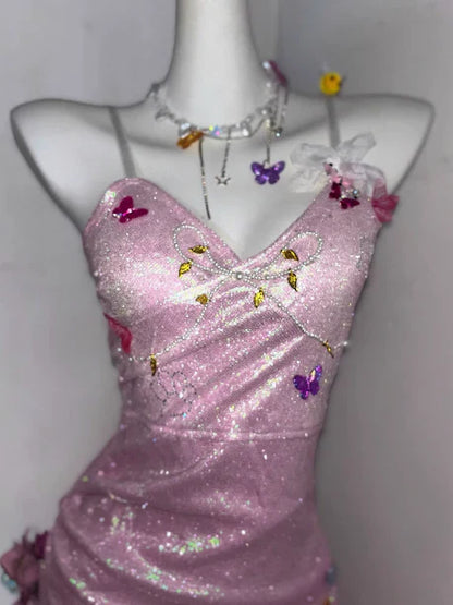 Vestido de fiesta de 16 años con lentejuelas rosas brillantes y tirantes finos, diseño de mariposa, TP4042