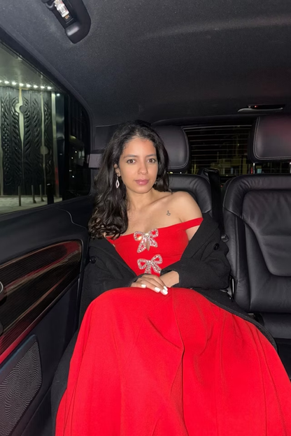 Red A Line Off the Shoulder Rhinestone Bow Satin Prom Dress Evening Dress SH1744