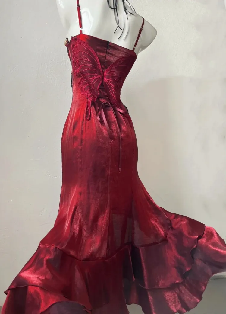 Vintage High Low Spaghetti Straps Floor Length Burgundy Flowers Prom Dresses Birthday Dress SD463