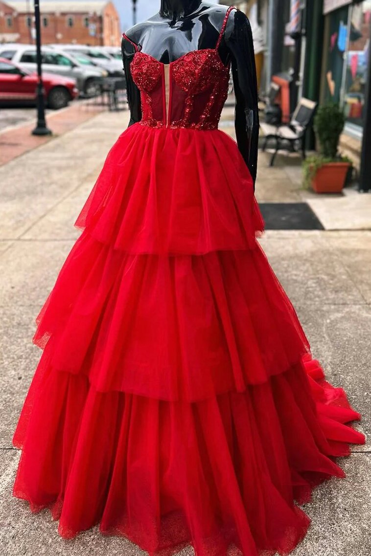 Pink Corset Tulle Tiered Prom Dresses A-line Long Formal Dress GP675