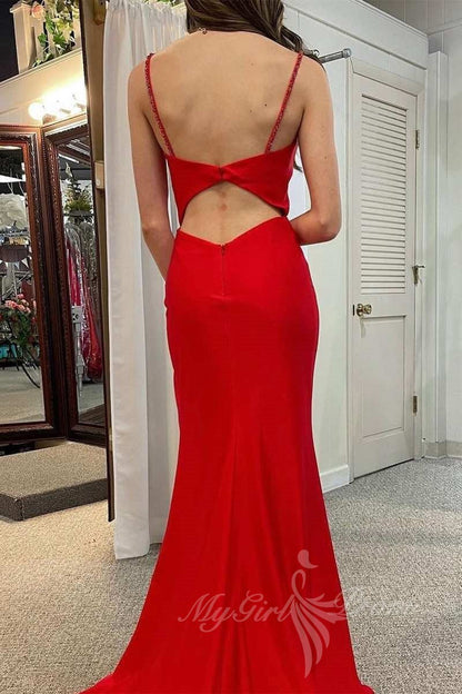 Red Cowl Neck Cutout Back Ruching Long Prom Dress, Simple Evening Gown with Slit GP516
