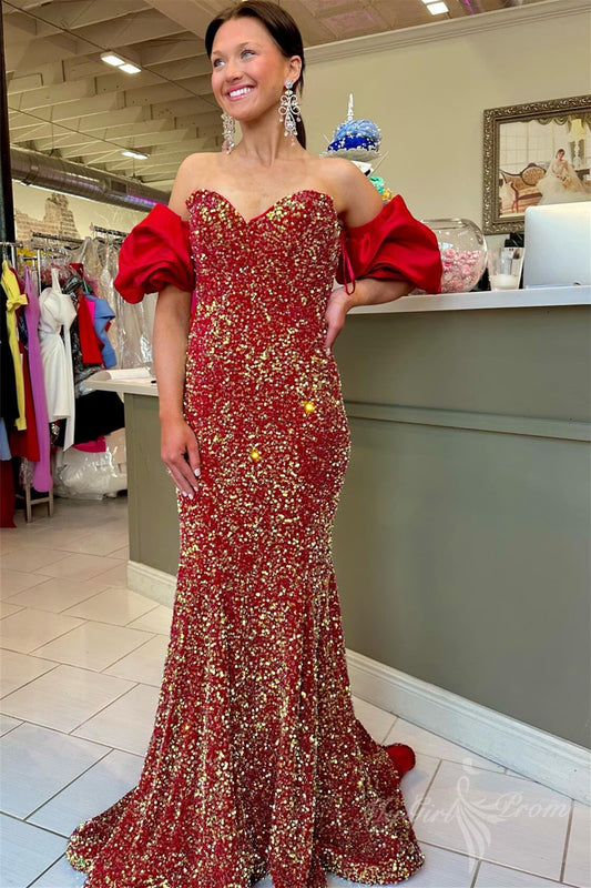 Pink Off-the-Shoulder Puff Sleeves Sequins Long Prom Dress, Mermaid Evening Gown GP463