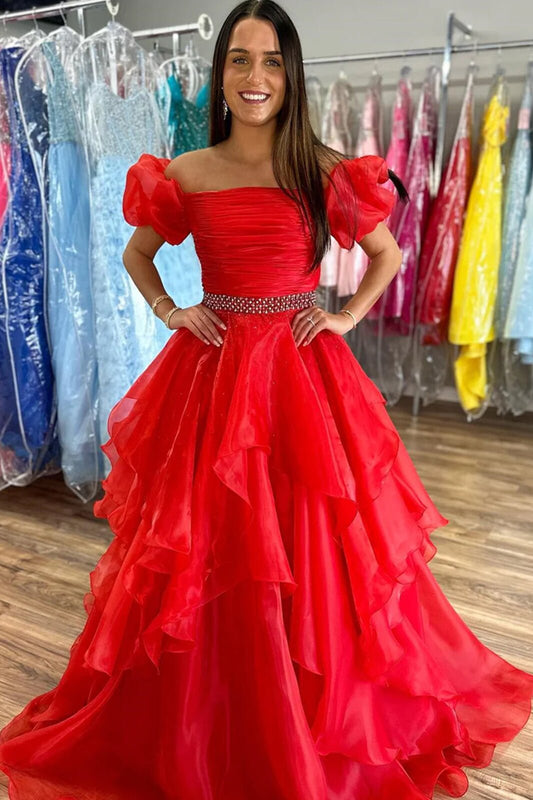 Hot Pink Organza Beading Prom Dresses, Short Sleeves Formal Evening Dress GP547