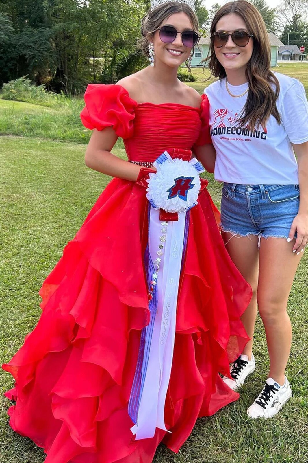Hot Pink Organza Beading Prom Dresses, Short Sleeves Formal Evening Dress GP547