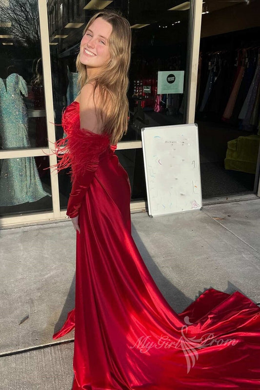 Red Sweetheart Slit Satin Long Prom Dresses with Detachable Feathers Sleeves GP483