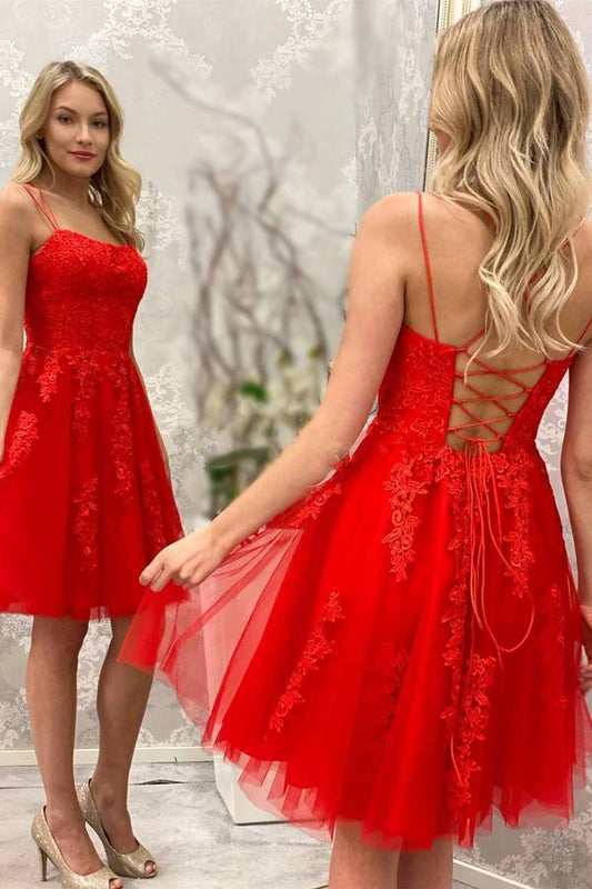 Vestidos de fiesta con apliques de encaje rojo y tirantes finos, vestido de fiesta corto de tul rojo, vestido de cóctel