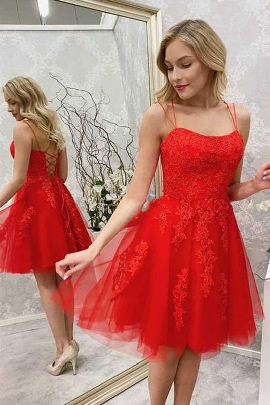 Vestidos de fiesta con apliques de encaje rojo y tirantes finos, vestido de fiesta corto de tul rojo, vestido de cóctel