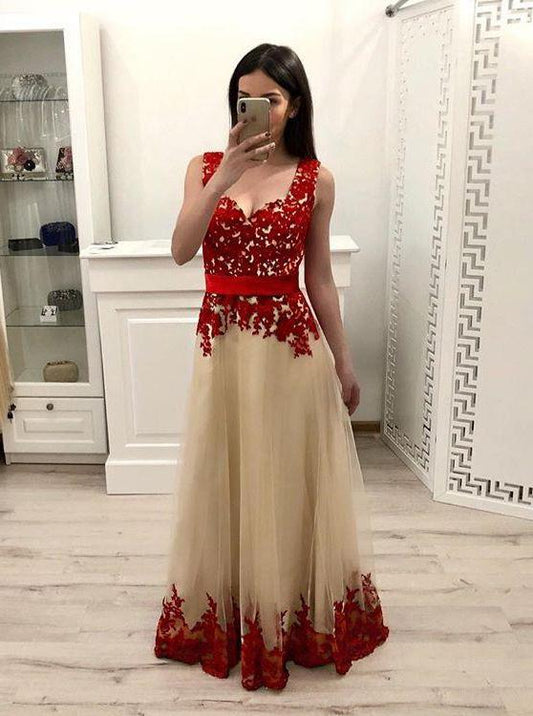 A-line Prom Dress With Red Appliques, Tulle Long Formal Dress MP729