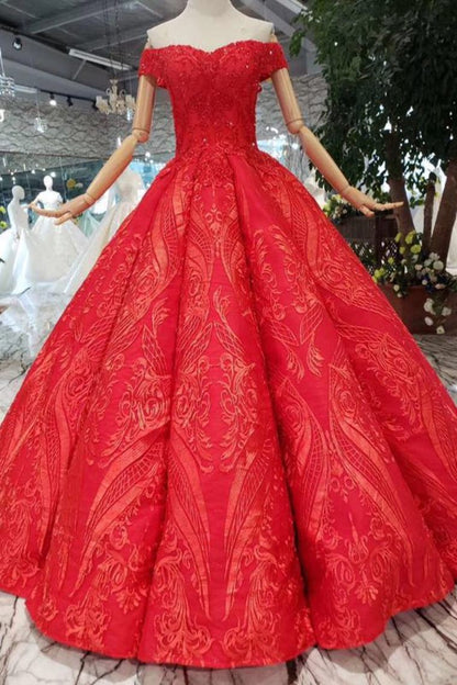 Off-Shoulder Red Ball Gown Appliques Beads Quinceanera Dress GP47