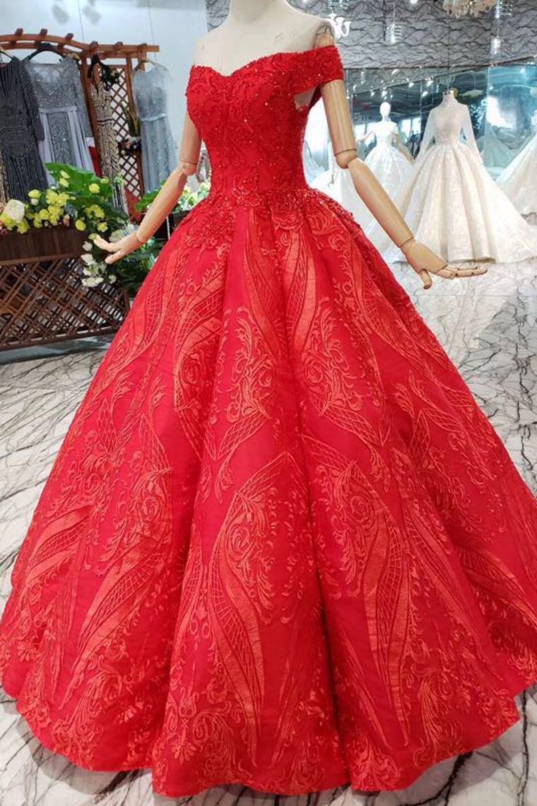Off-Shoulder Red Ball Gown Appliques Beads Quinceanera Dress GP47