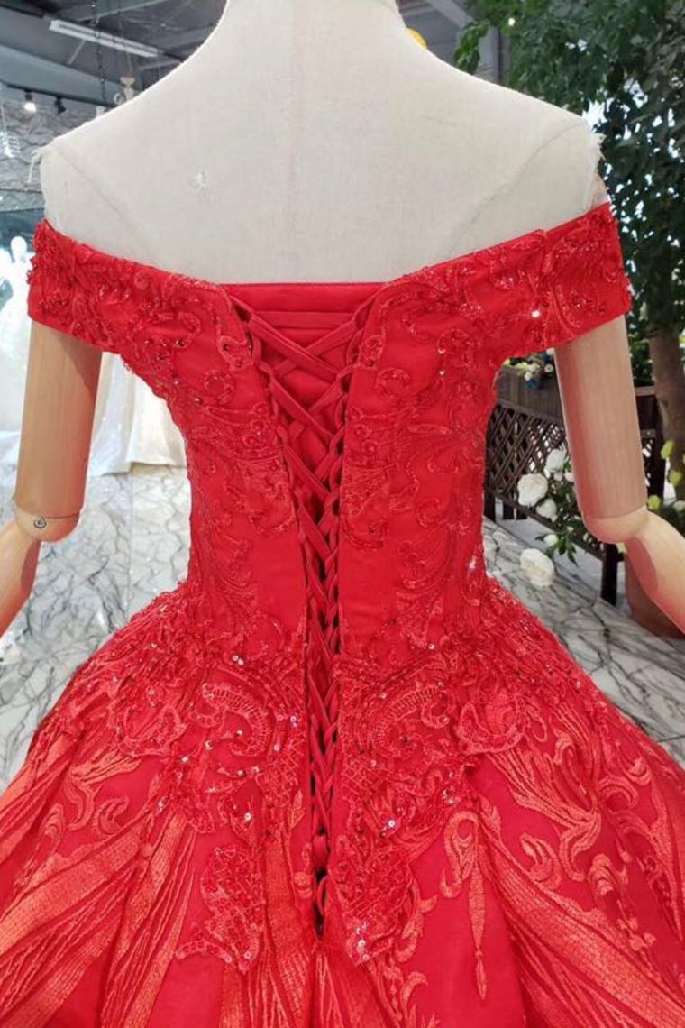 Off-Shoulder Red Ball Gown Appliques Beads Quinceanera Dress GP47